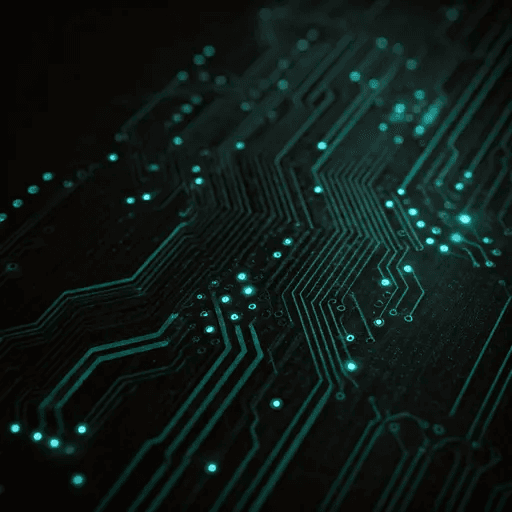 Circuit board traces with glowing cyan data pulses