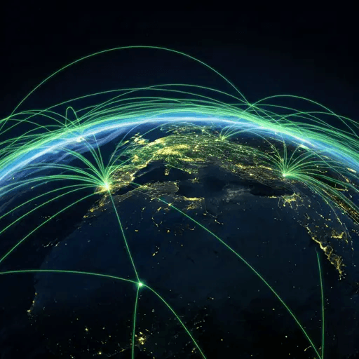 Satellite view of earth at night with illuminated city networks
