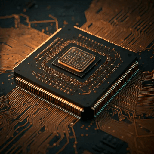 Computer microchip with golden circuit traces glowing with internal energy