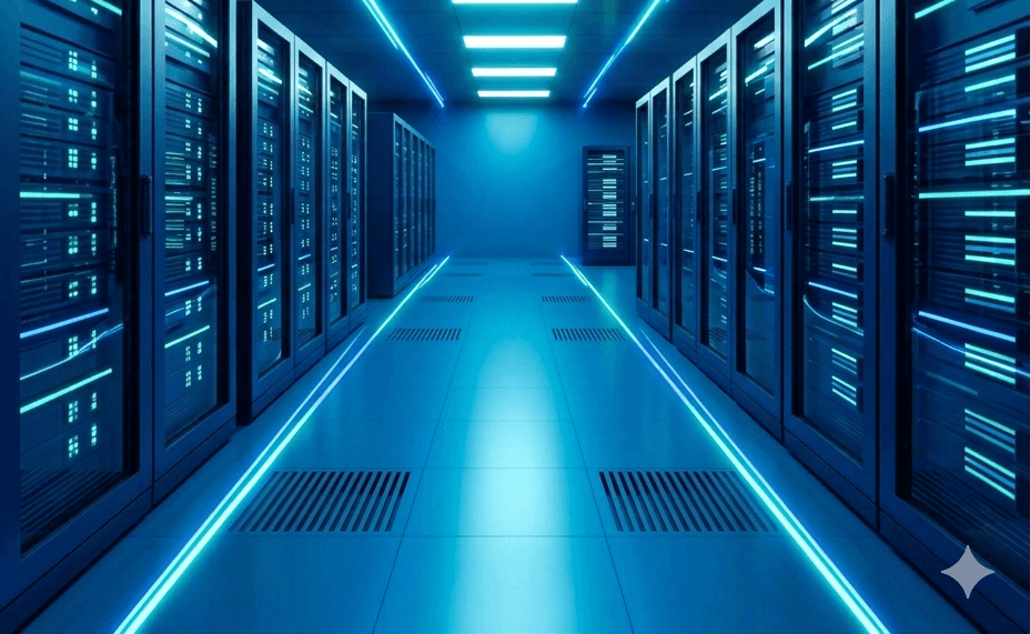 Futuristic server room with glowing blue fiber optic cables and advanced network infrastructure